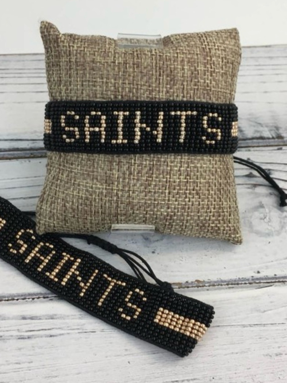 Handmade SAINTS Beaded Bracelet - Black and Gold